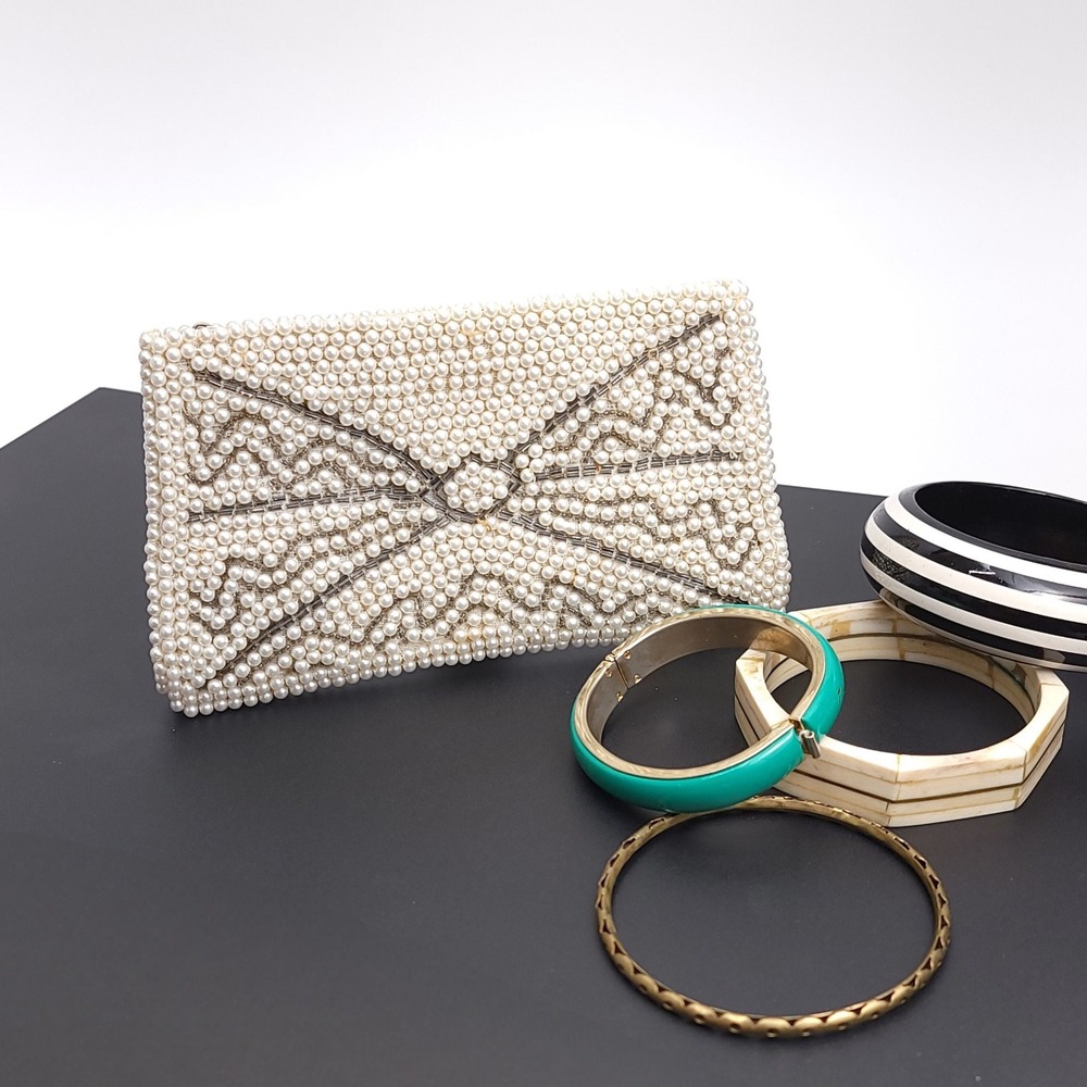 Silver Pearl White Beaded Clutch Purse‎ Handmade Japan 50s Old Hollywood Handbag